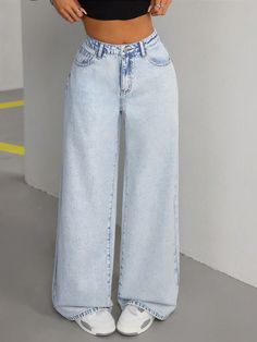 Light Wash Casual Collar  Denim Plain Straight Leg Embellished Non-Stretch  Women Clothing Wide Length Pants Outfits, Light Colored Jeans, Jeans Outfit Women, Shein Icon, Cute Pants, Fashion Design Clothes, Women Denim Jeans, Fall Fashion Trends, Casual Fit