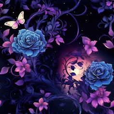 an image of flowers and butterflies in the night sky