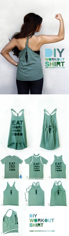 the back of a woman's green shirt with different images and instructions on it