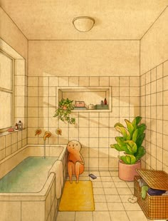 a drawing of a bathroom with a teddy bear in the bathtub next to a potted plant