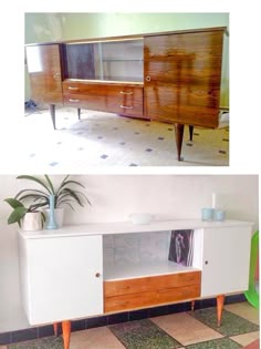 two different sideboards with plants and pictures on them