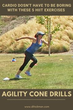 a woman is running in the grass with her arms out