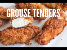 some chicken tenders on a white plate with the words grouse tenders over it