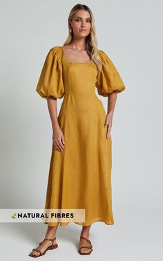 Amalie The Label - Zoya Linen Short Puff Sleeve Backless Maxi Dress in Gold Basic Black Dress, Backless Maxi Dress, Neon Outfits, Spring Maxi Dress, Bachelorette Dress, Navy Bridesmaid Dresses, Short Puff Sleeve, Long Sleeve Knit Dress, Sparkle Dress