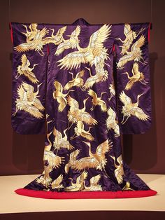 Furisode of purple satin embroidered with gold and silver cranes, Japanese, first half of the 20th century, KSUM 1983.1.826. Japanese Bride, Embroidery Kimono, Kent State University, Kent State