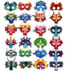 a group of different colored masks on a white background