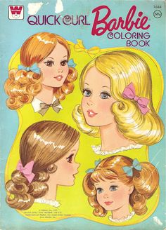 an old children's book with three girls in their hair and the title, quick curl barbie coloring book