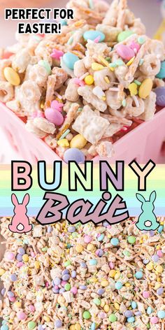 bunny rice cereal mix in a pink bowl with the words, perfect for easter