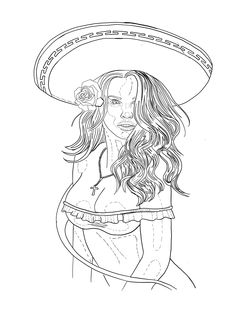 a drawing of a woman wearing a sombrero