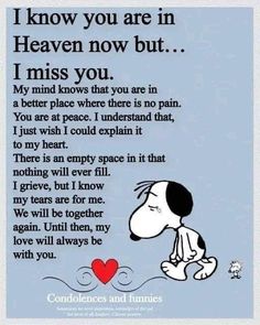 a cartoon dog with the words i know you are in heaven now but i miss you