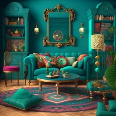 a living room with blue walls and furniture