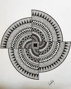 a black and white drawing of a circular object with an abstract design on the side