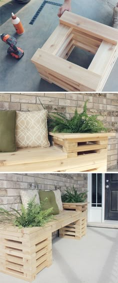 three different pictures of outdoor furniture made out of pallets and wooden crates with plants in them