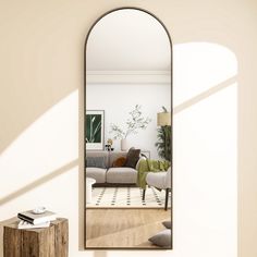 a mirror reflecting a living room with a couch and coffee table in front of it