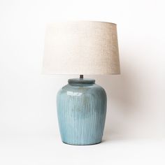 Blue green creative coop brand stoneware lamp with linen shade on a white background Beach House Lamp, Blue Ceramic Lamp, Sky And Ocean, Beach House Lighting, Coastal Lamp, Beach Inspired Decor, Coastal Decorating Living Room, Transitional Table Lamps, Blue Table Lamp