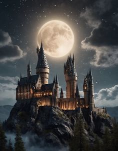 an image of a castle on top of a hill with the moon in the background