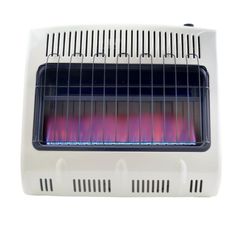 an electric space heater with purple flames