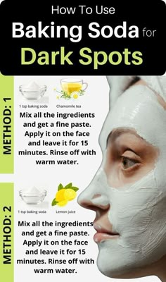 Baking Soda Face Masks Recipes for Dark Spots Dark Spot On Face Remedies, Dark Spot Remover For Face Black Skin, Natural Dark Spot Remedy, Baking Soda Face Mask Dark Spots, How To Clear Dark Spots On Face, Face Masks Recipes, Baking Soda Under Eyes, Dark Spots Removal, Dark Spot Remover For Face