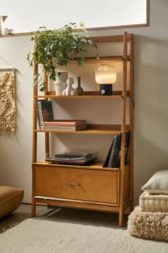 a wooden shelf with books and plants on it next to a chair in a living room