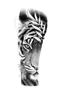 a black and white drawing of a tiger's face with leaves on its head