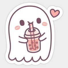 a sticker with an image of a drink in the shape of a ghost holding a heart