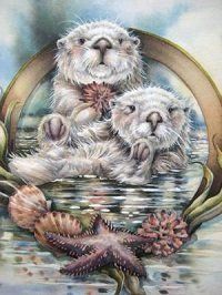 two otters are sitting in the water surrounded by seashells and starfish