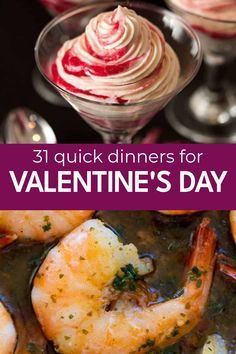 the cover of 31 quick dinners for valentine's day, with shrimp and wine