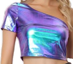 One Shoulder Crop Top, Hot Top, Sleeve Packaging, Metallic Fabric, Shoulder Crop Top, Blue Purple, Sleeve Styles, Fitness Fashion, Blue And Purple