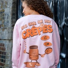 Super-soft women's sweatshirt with “You Give Me the Crêpes” slogan and vintage style graphics. Small print on front, large back print.You'll look flippin' fantastic in this freaky food slogan jumper. Makes a great gift or treat yourself!All Batch1 products are lovingly designed, printed and packed by hand in the UK at Batch1 HQ.Our garments are made to order to minimise wastage and printed using water-based, eco-friendly inks. We are committed to creating on-trend, environmentally friendly, ethi Womens Christmas Jumper, Women Slogan, Cool Slogans, Slogan Sweatshirt, Caking It Up, Graphic Tshirt Design, Small Print, Happy Women, Christmas Women