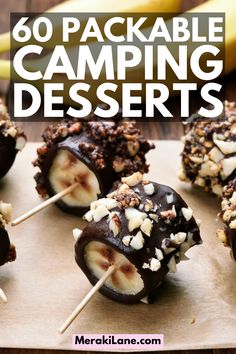 chocolate covered bananas and nuts on sticks with text overlay that reads, 60 packable camping desserts