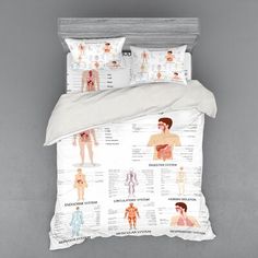 the human body is depicted in this bedding set, with diagrams on each side