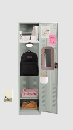 an open locker with several items in it