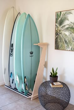 "This free standing floor display rack is great for those with a collection of surfboards. Made from beautiful Baltic Birch this rack comes with premium inlaid rubber to protect your rails and thick foam padding to protect your tail. The slots are wide enough to hold boards up to 5\" thick. Easy assembly. Hassle-free returns. Lifetime warranty. Made in the USA Dimensions: 48\" tall, 21\" deep. 3 slot is 33\" wide. 4 slot is 43\" wide." Surfboard Display, Surf Room Decor, Surfboard Storage, Beach Room Decor, Surfboard Rack, Surf Room, Beachy Room, 타이포그래피 포스터 디자인, Beach Room