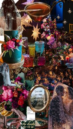 a collage of different items including candles, flowers and pictures with words written on them