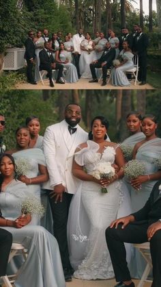 the wedding party is posing for pictures together