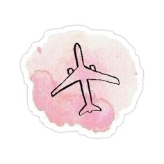 an airplane is flying in the sky with pink watercolors on it sticker