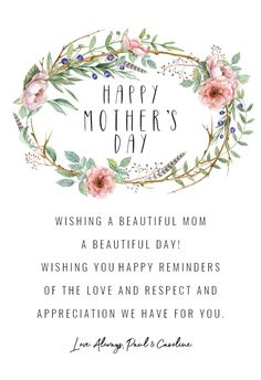 a mother's day card with pink flowers and greenery on the front, in white