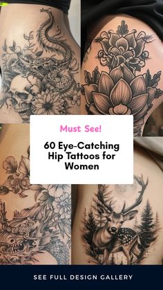 A collage featuring 4 stunning hip tattoo designs for women, including a dragon and flower tattoo, skull art, and unique animal motifs. Find inspiration for your next body art choice. Hip Tattoos For Women, Hip Tattoo Ideas, Delicate Mandala, Tattoo On Hip, Hip Tattoos, Blackwork Designs, Mandala Designs