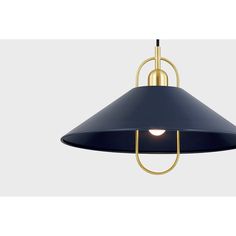 a brass and blue pendant light with a black shade on the bottom, hanging from a ceiling fixture