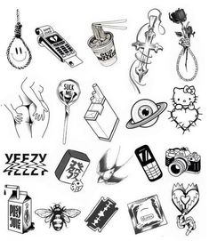 a bunch of tattoos that are on a white sheet with black and white inks