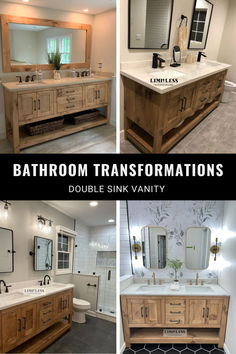 the bathroom is decorated in wood and has double sinks, mirrors, and vanitys