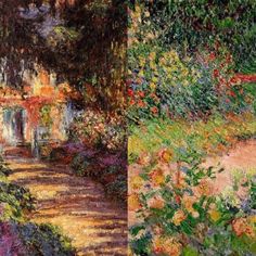 two paintings of different types of flowers and trees