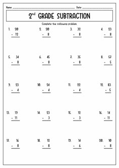 the 3rd grade subtraction worksheet is shown in black and white, with numbers