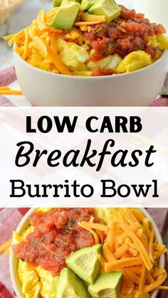 low carb breakfast burrito bowl with avocado and cheese