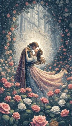 a painting of a couple kissing in the middle of roses