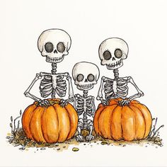 three skeletons sitting on top of pumpkins with their heads turned to look like they are holding hands