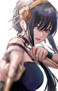 an anime character with long black hair and red eyes, holding a stick in her hand