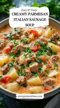 creamy parmesan italian sausage soup in a white bowl