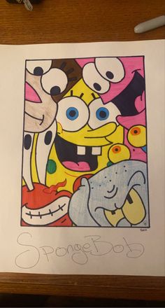 a drawing of spongebob surrounded by other cartoon characters on a piece of paper