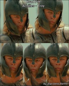 two pictures of a man in armor with multiple facial expressions and the caption reads brad pitt achilles - troy